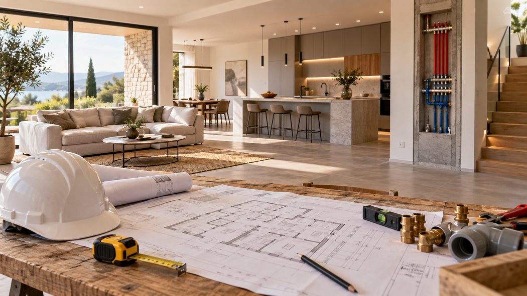 Interno di una casa moderna in fase di ristrutturazione con planimetrie, casco e attrezzi su un tavolo, cucina a vista e vista sull'oceano sullo sfondo.
