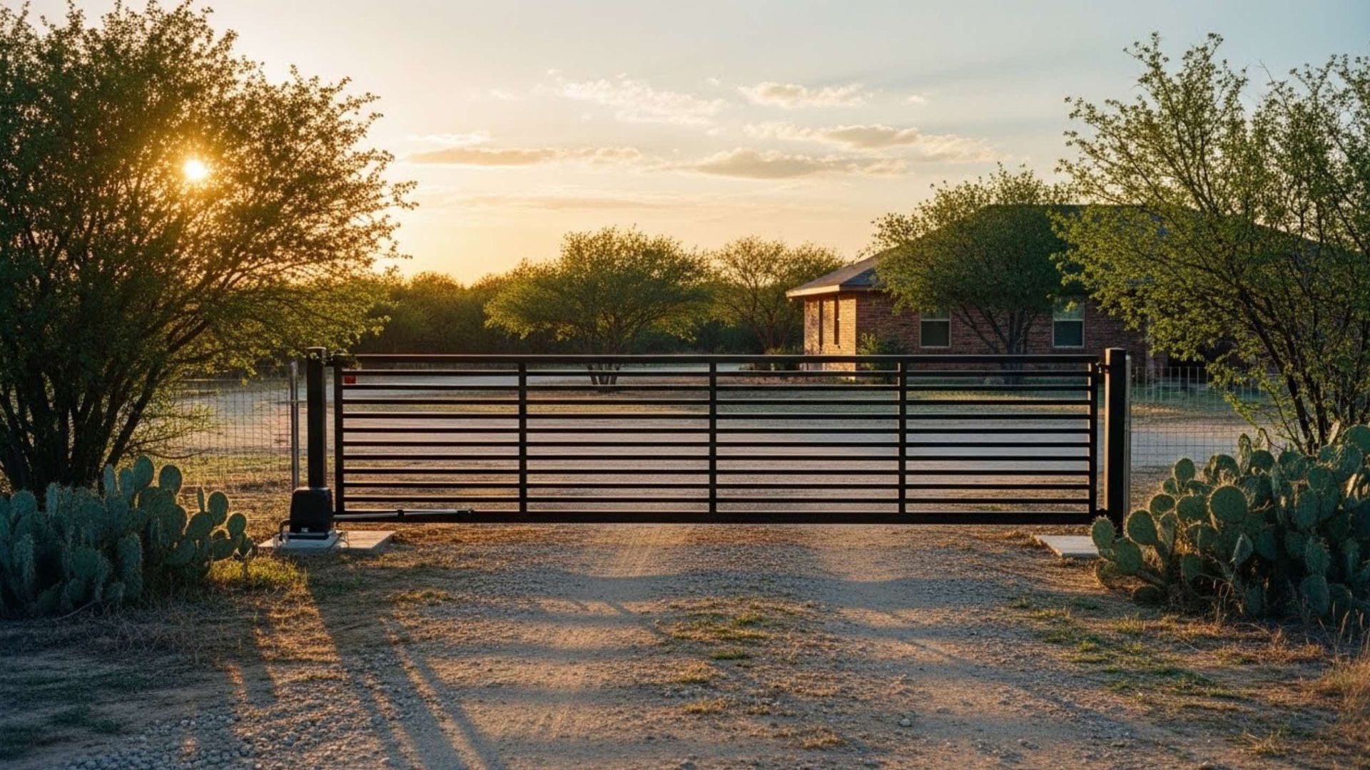 Black metal gate across a gravel driveway at sunset, leading to a house in a rural setting.