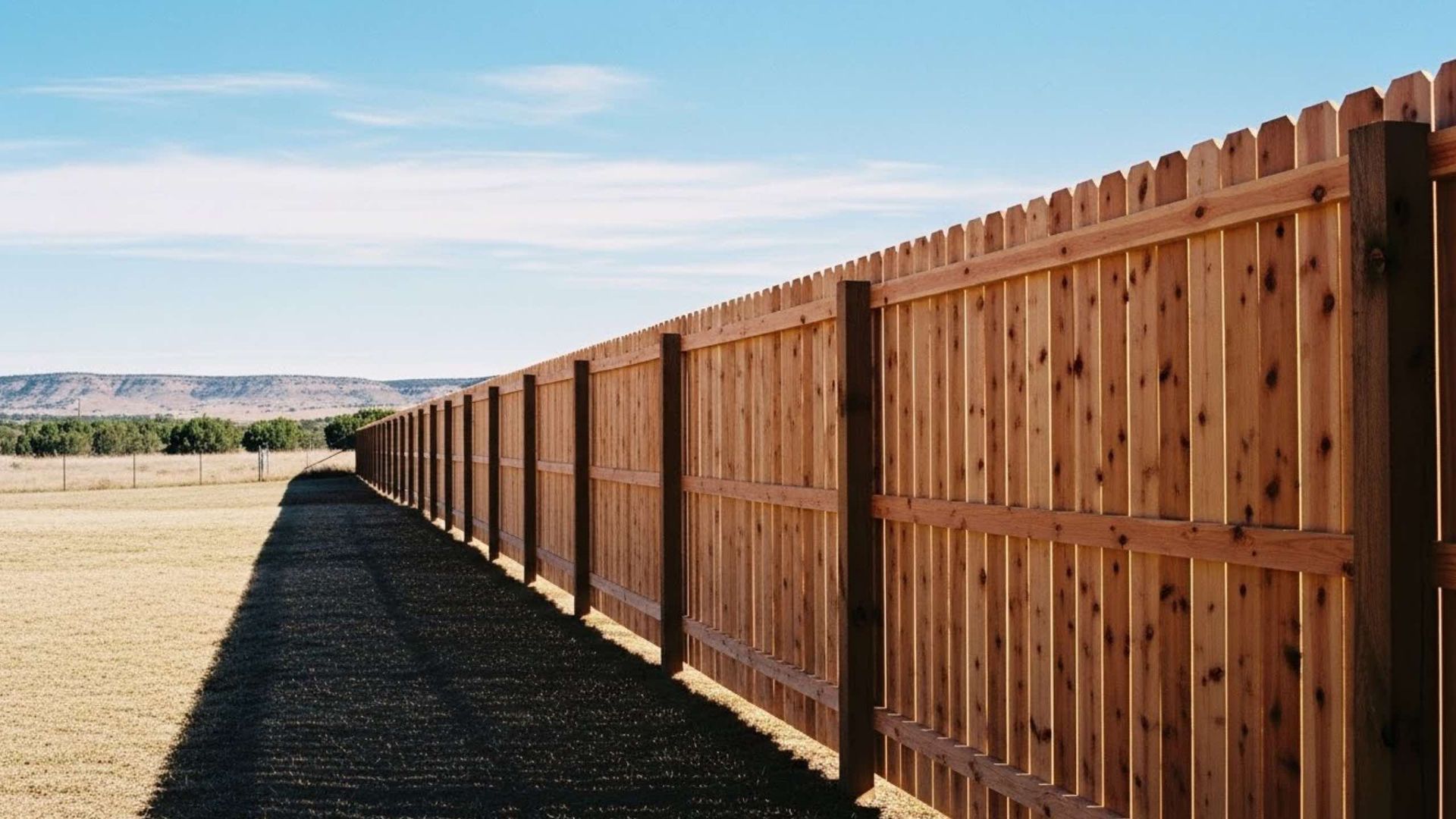 Long wooden fence in a field under a blue sky, stretching into the distance.