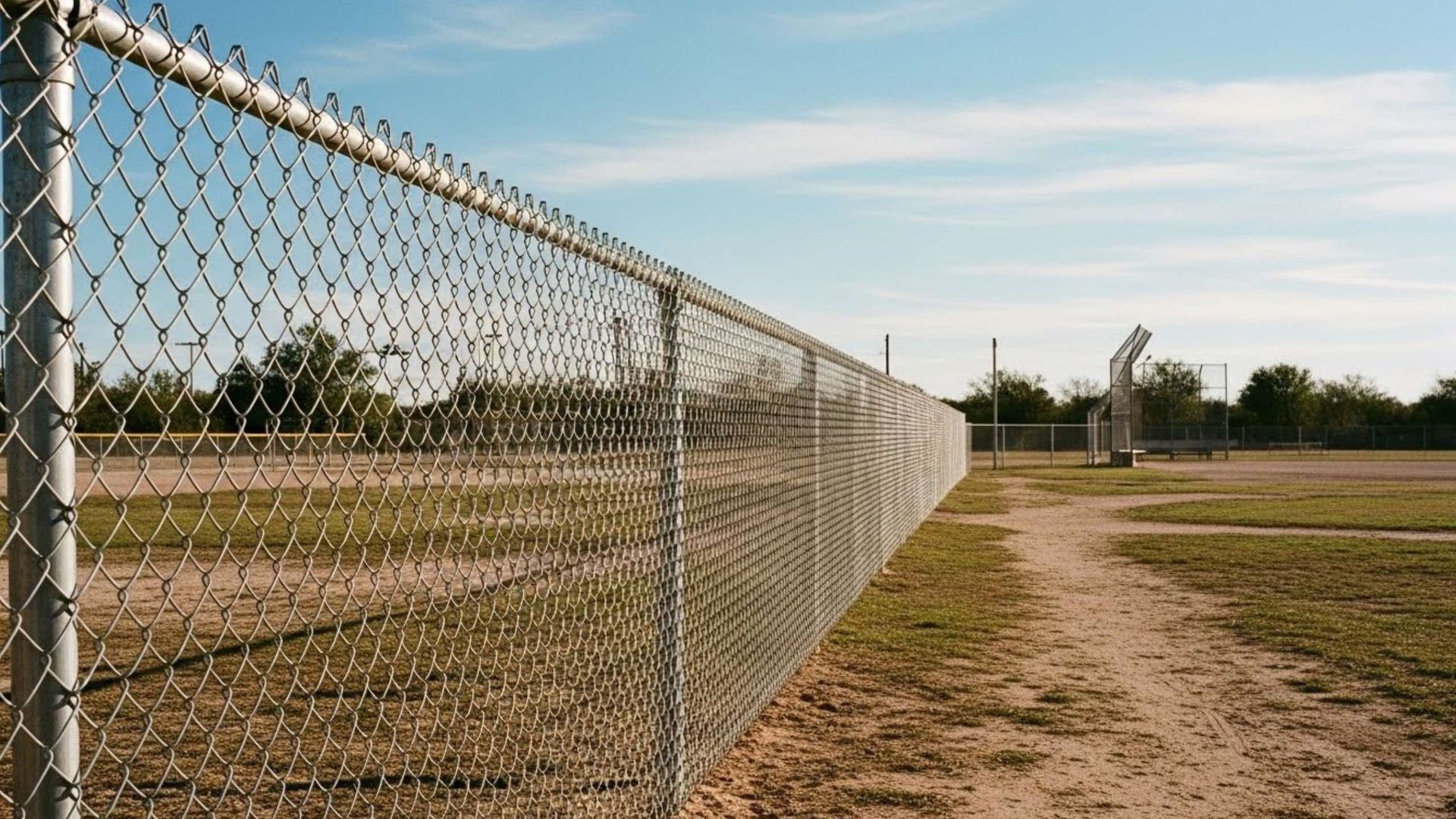 Chain-link fence borders a dirt path in a sunny, open field, with trees and a basketball hoop visible in the distance.