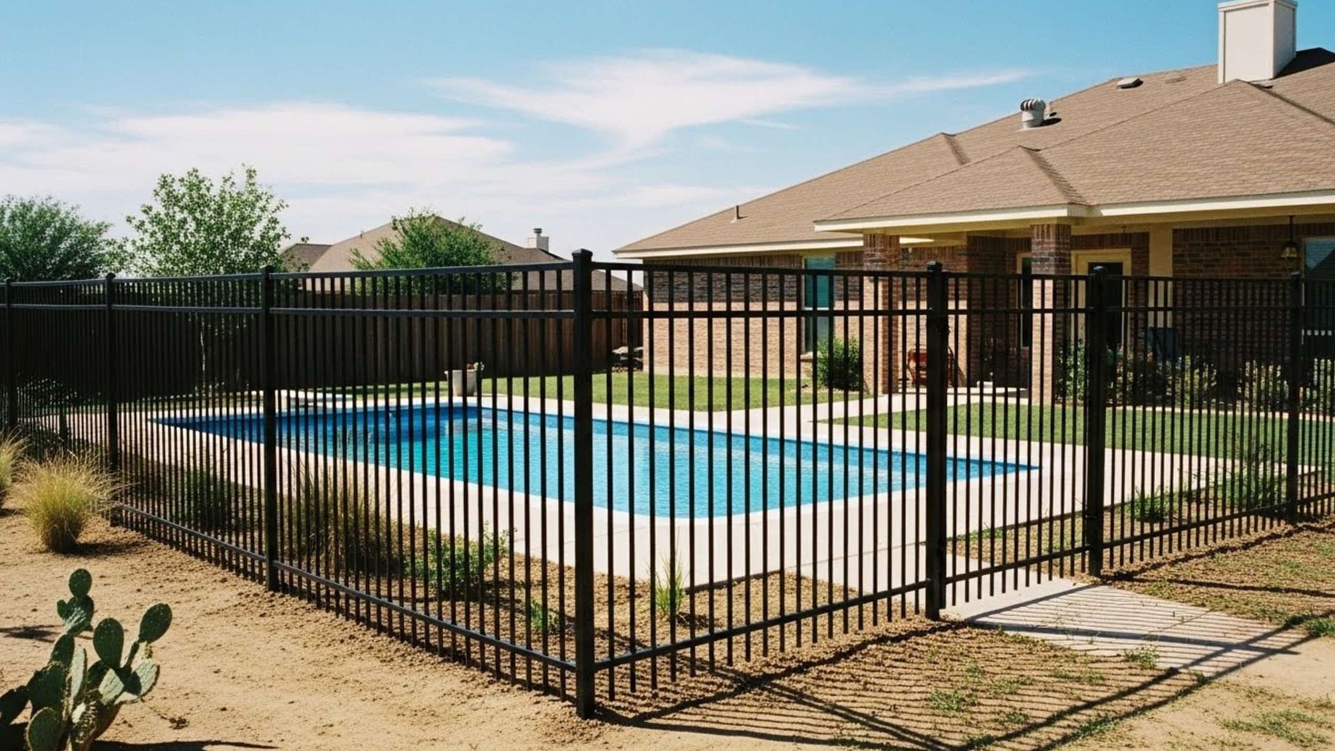 Black metal fence surrounding a blue rectangular swimming pool in a backyard. A house is in the background.