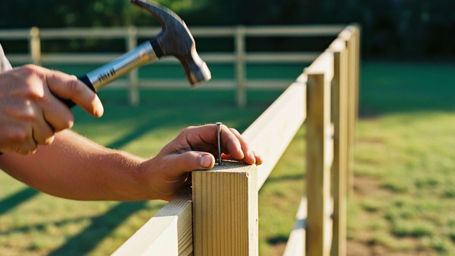 Person hammering a nail into a wooden fence in a grassy outdoor setting.
