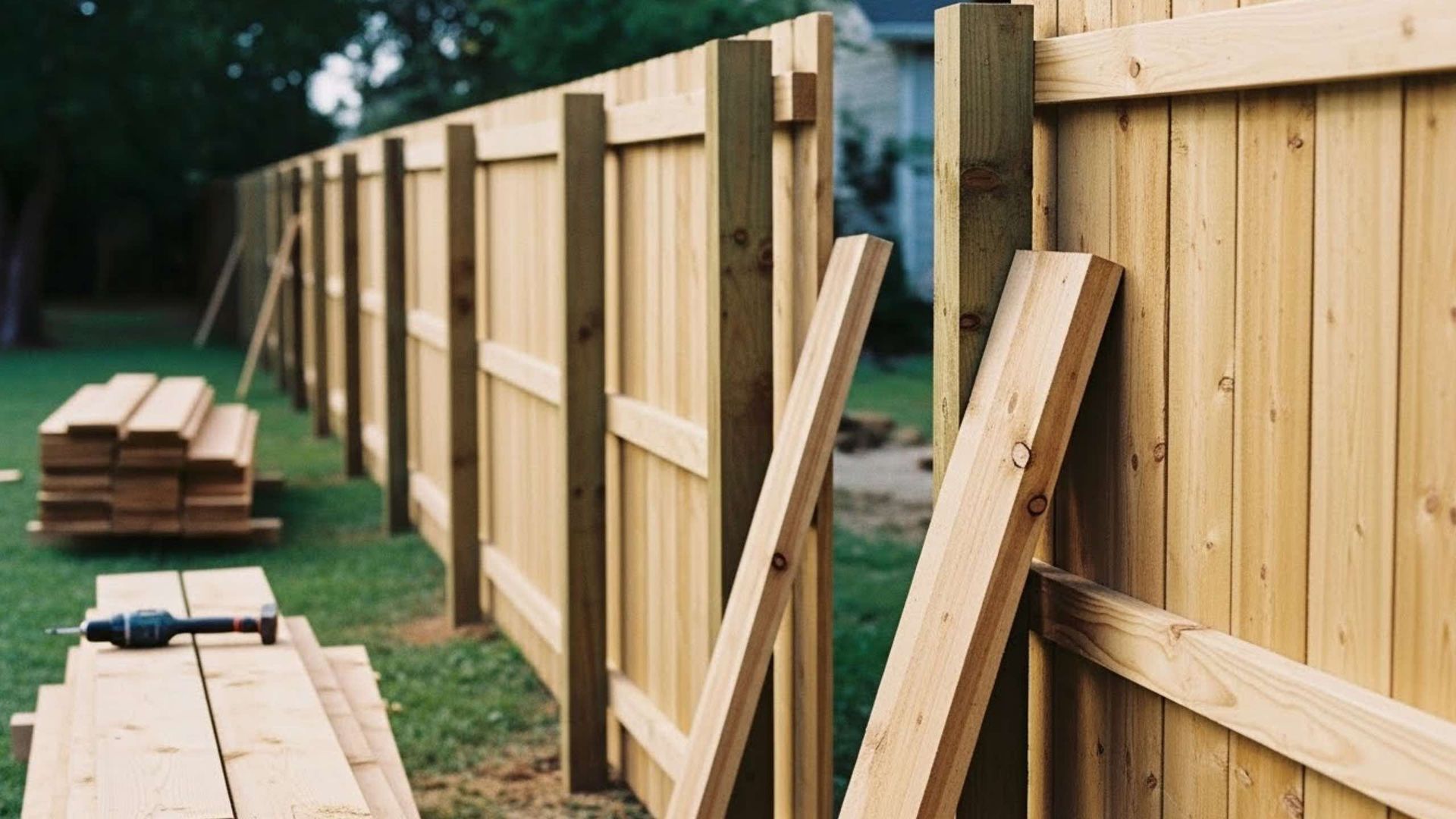 Wooden fence under construction outdoors.
