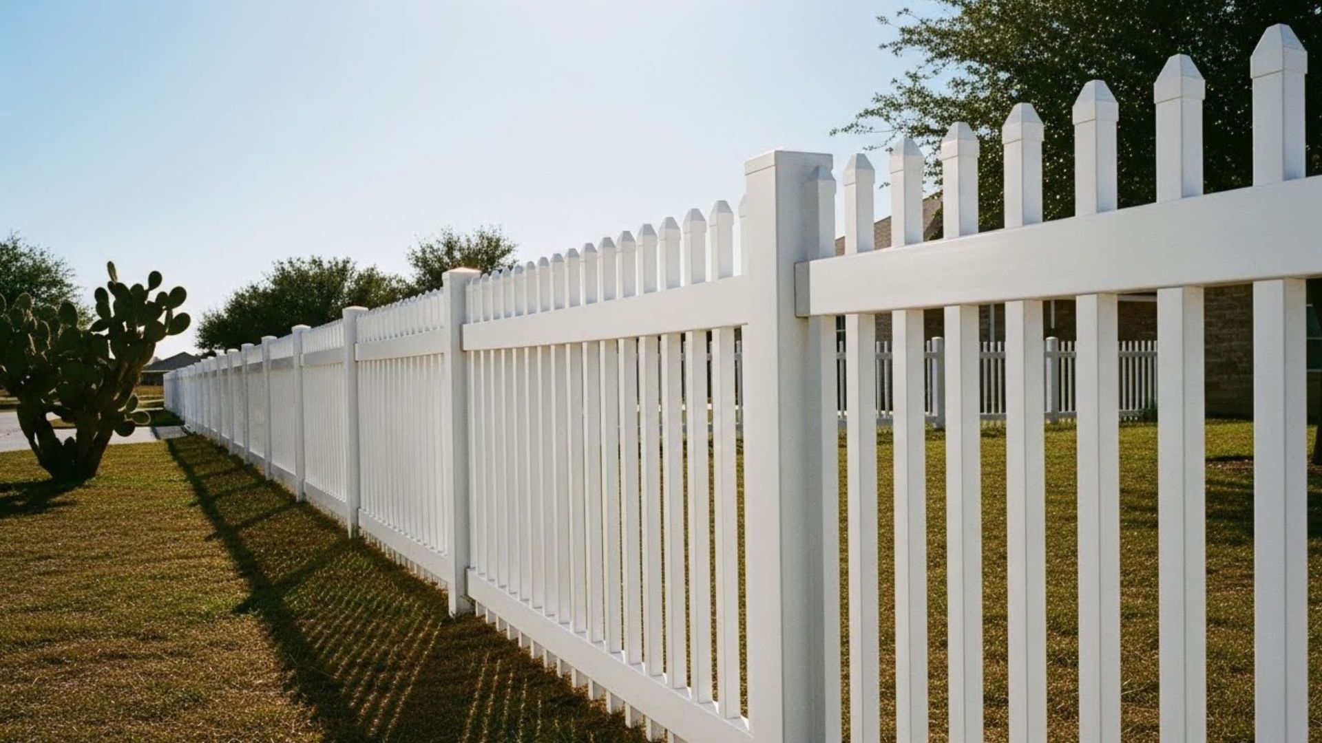 A white vinyl picket fence stretches across a sunny outdoor space with dry grass and a cactus in the foreground.