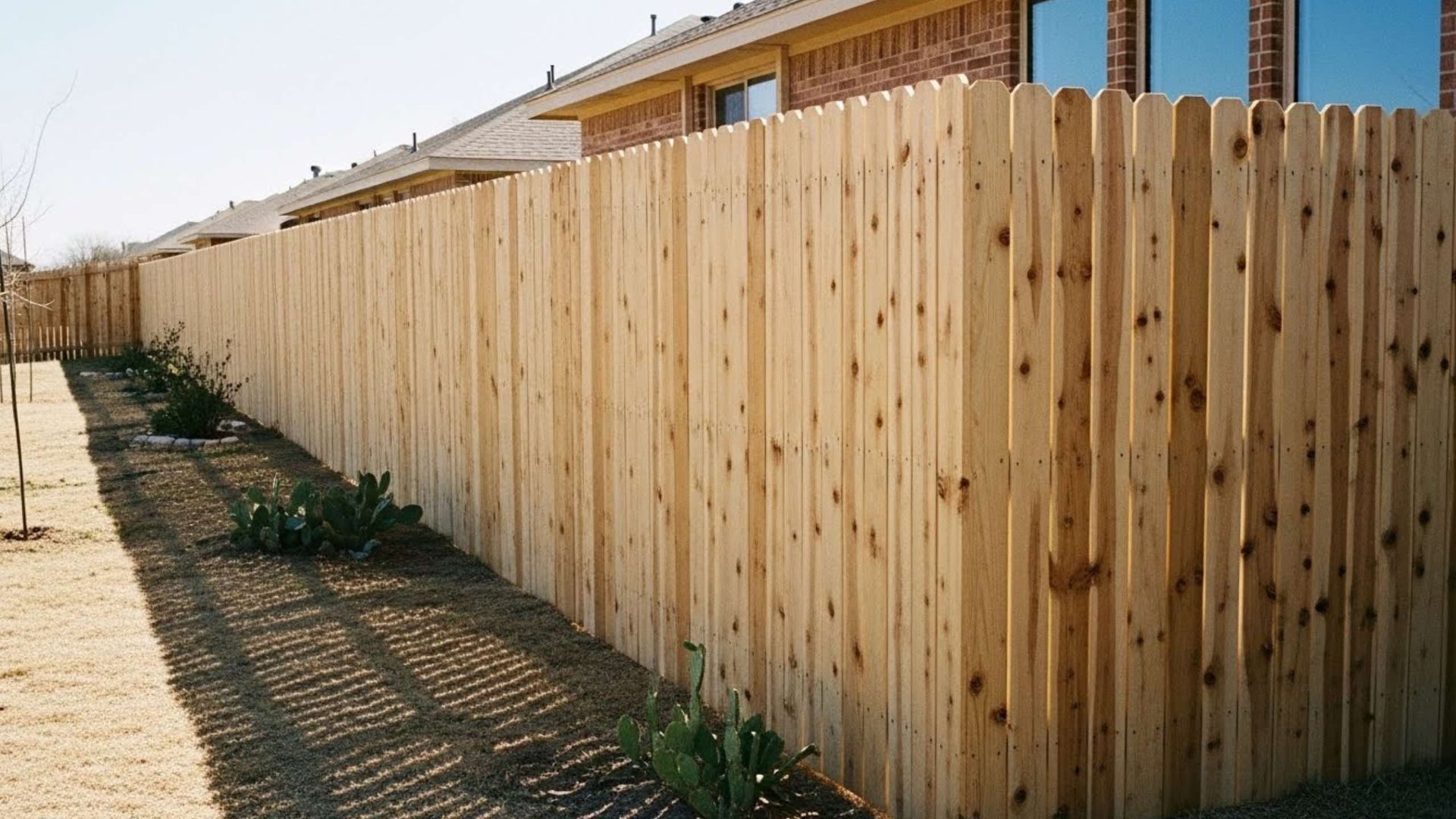 Wooden privacy fence alongside a grassy path in a residential area.