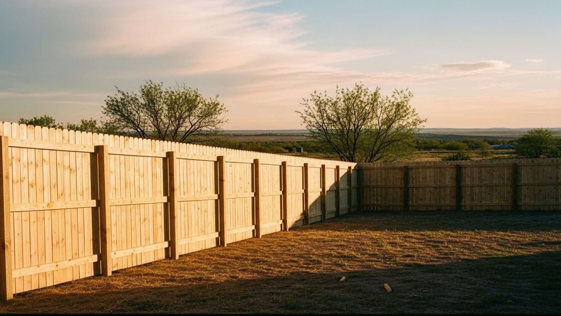 A wooden privacy fence surrounds a dry yard at sunset, with sparse trees and a flat landscape in the background.