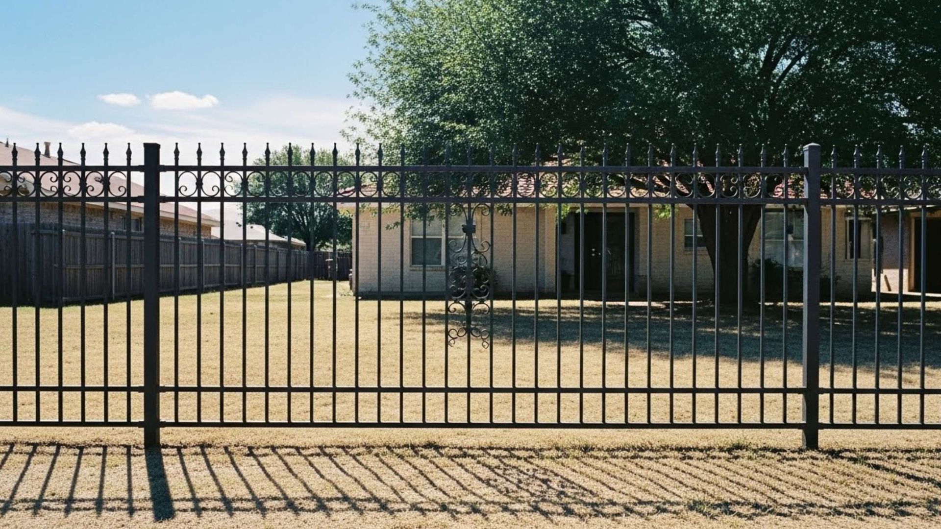 Black metal fence around a yard with a beige house and a tree; sunny day.