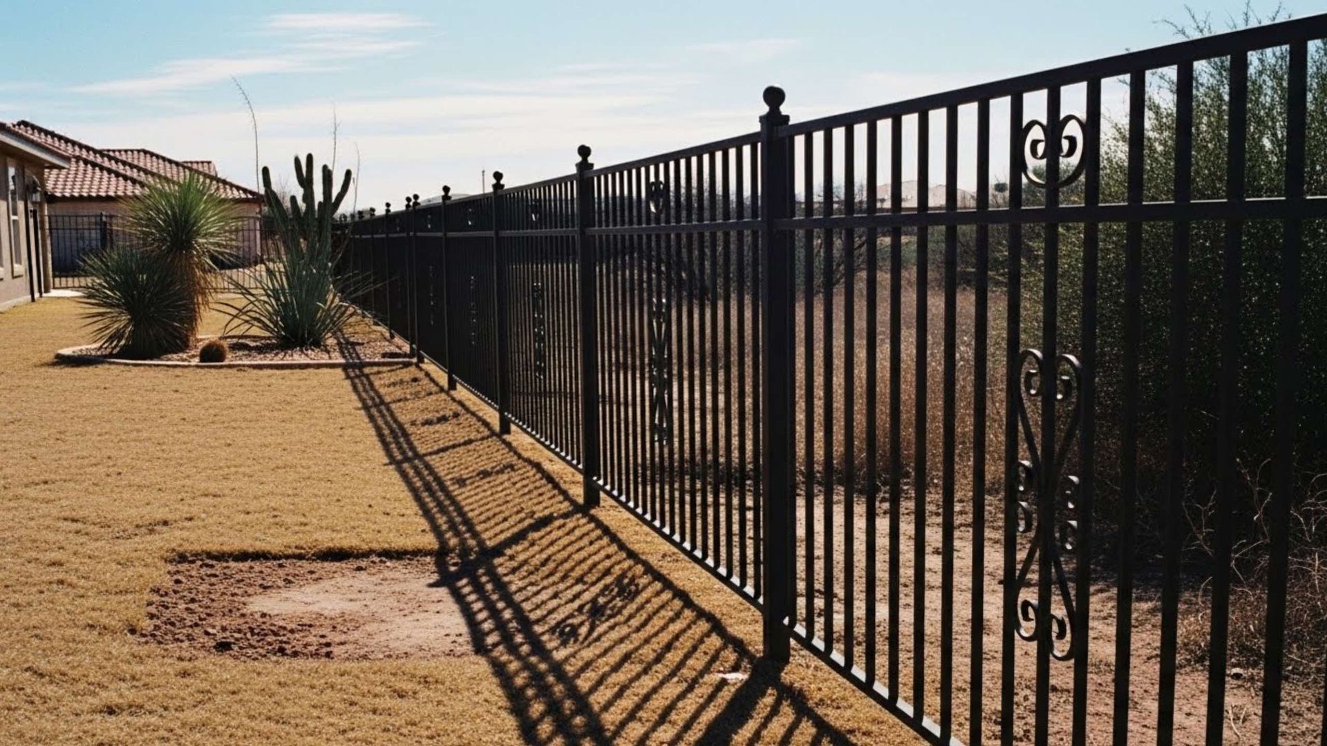 Black metal fence in front of dry grass and bushes, with homes in the background under a blue sky.