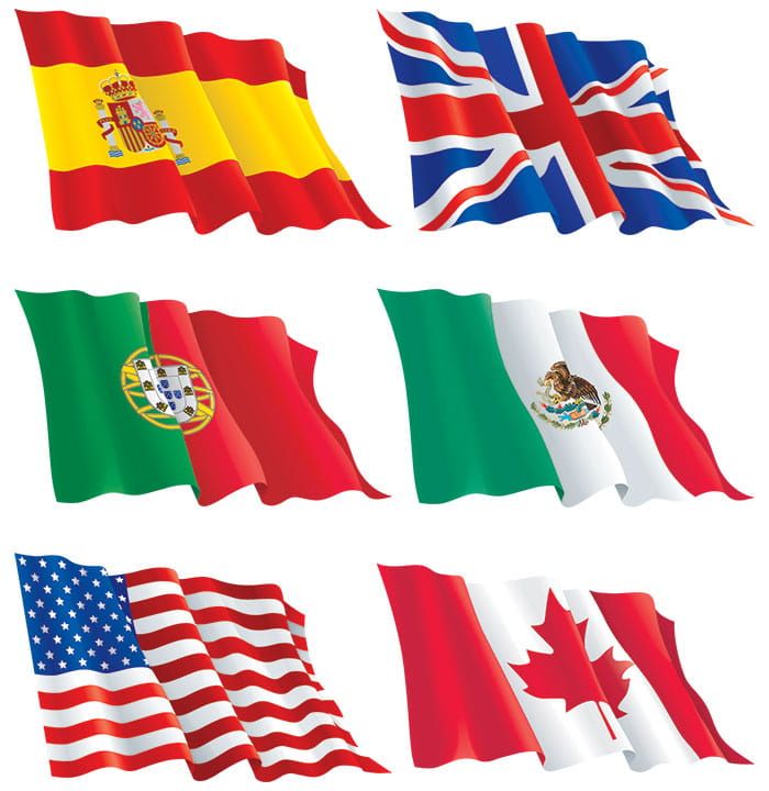Un conjunto de banderas de diferentes países, incluidos Estados Unidos y Canadá.