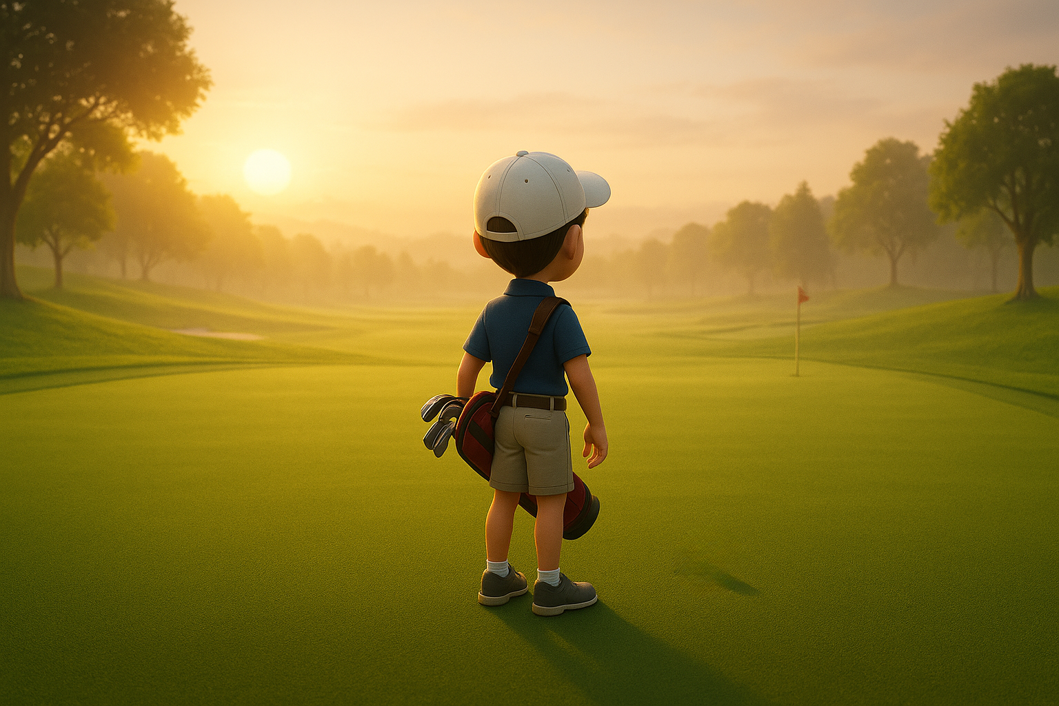 Young boy on golf course, holding golf bag, looking at the flag on a sunny morning.