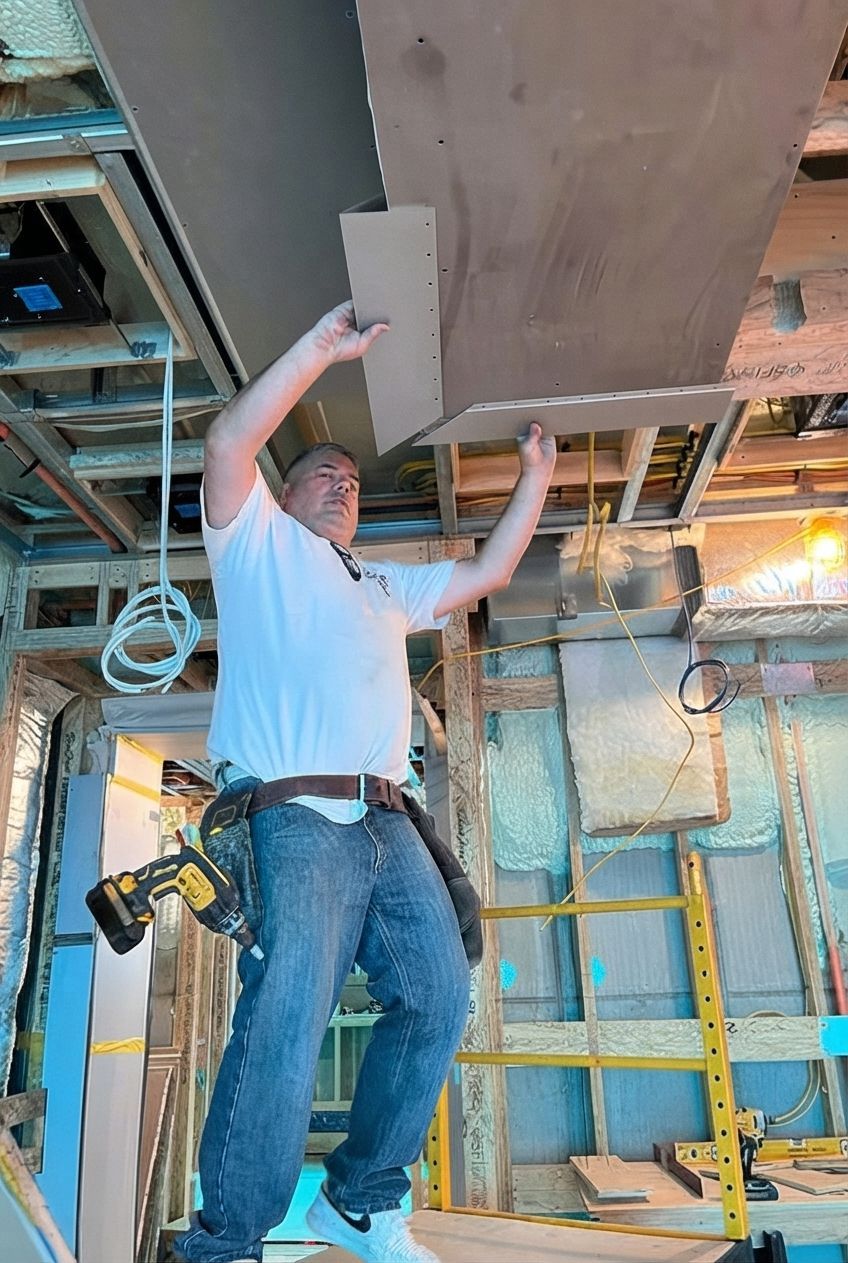 Worker in white shirt and jeans reaching up to inspect or install ductwork in a construction site
