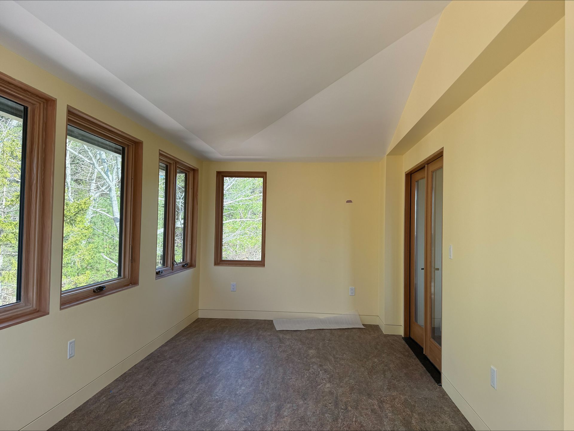 Empty beige room with carpet, three windows, and a sliding glass door.