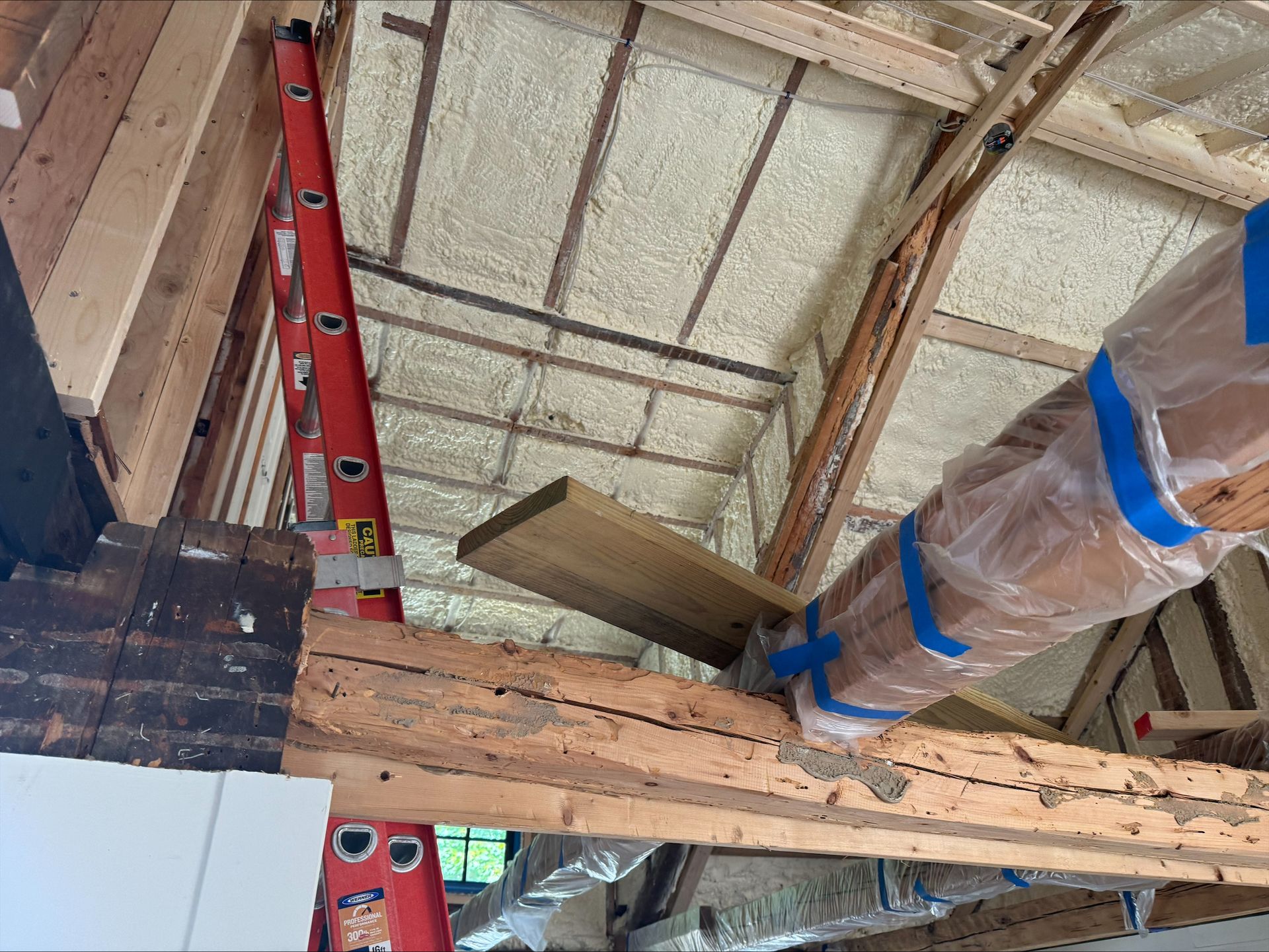 Ceiling framing with red and silver ladders in an unfinished attic space