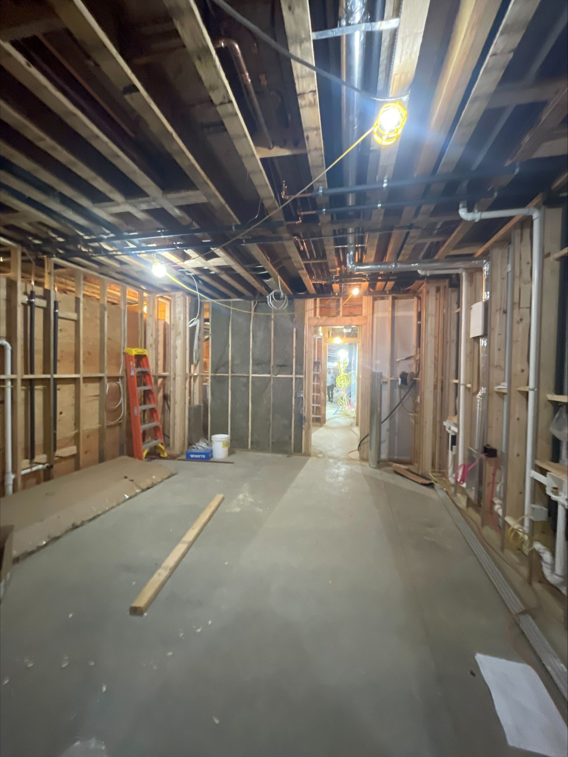 Unfinished basement with exposed ceiling beams, framing studs, concrete floor, and a ladder against the wall.
