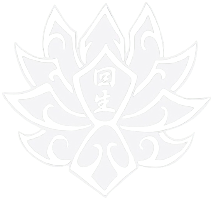 White lotus-like emblem with a faint central face and ornate symmetrical petals