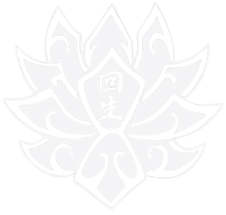 White lotus-like emblem with a faint central face and ornate symmetrical petals