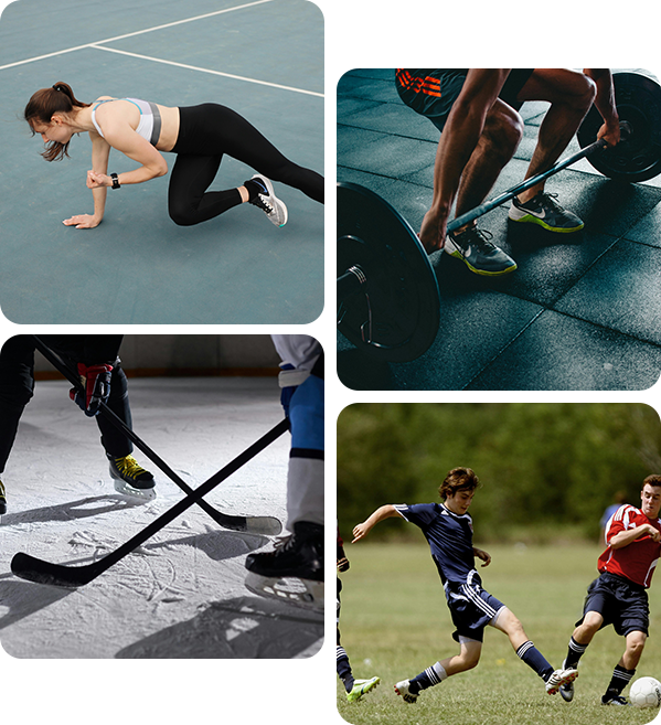 Fitness activities: woman doing exercise, weightlifting, hockey game, soccer game.