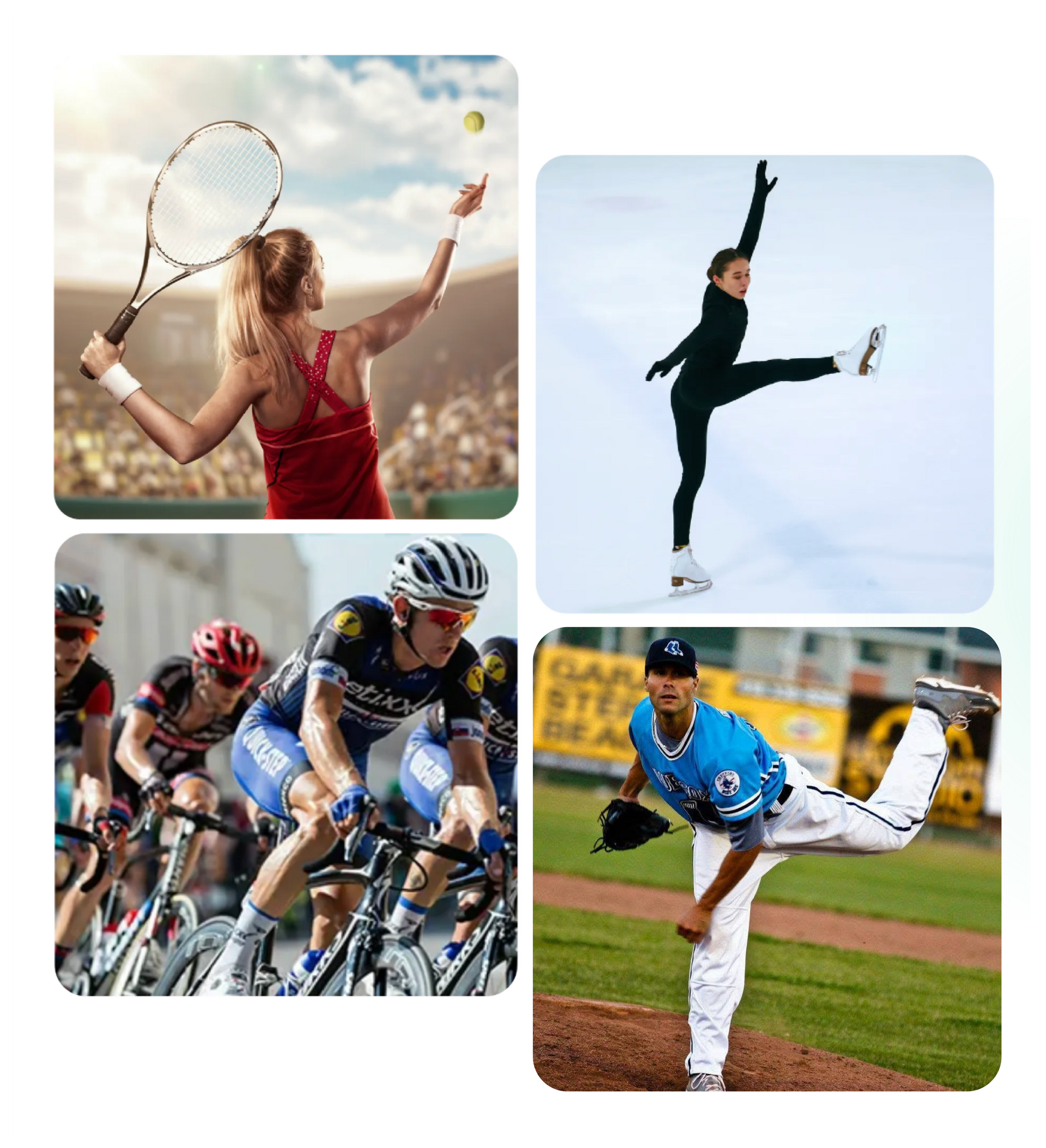 Athletes playing sports: Tennis, badminton, cycling, and volleyball. Outdoors, sporty attire, action shots.