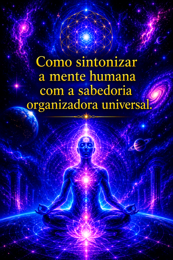Imagem  com elementos espiritualistas que remetam à expansão da consciência, em conexão com o cosmo, com cores vibrantes do azul profundo mesclado com violeta intenso. 
