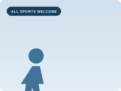 Blue person icon with “ALL SPORTS WELCOME” banner on light background - Sports Injury Assessment & Treatment