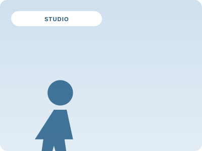Blue icon of a person under a white “STUDIO” label on a light blue background - Reformer Pilates