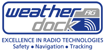Logo di Weather Dock in blu e grigio con icona di onda radio e slogan: "Eccellenza nelle tecnologie radio".
