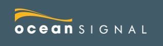 OceanSignal logo with white text and orange wave icon on a dark blue background
