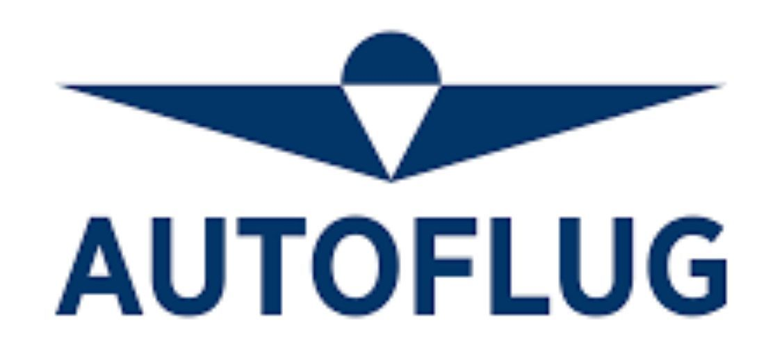 Logo AUTOFLUG in blu con emblema alato stilizzato e marchio denominativo