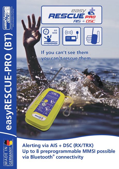 EasyRESCUE-PRO BT, dispositivo di segnalazione di emergenza marina con indicatore di nuotatore in acqua e icone di allarme blu.