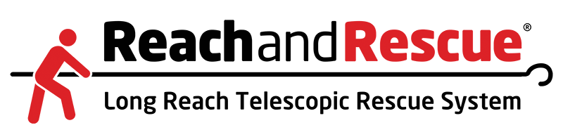 Reach and Rescue logo with red stick figure and black tagline, "Long Reach Telescopic Rescue System"
