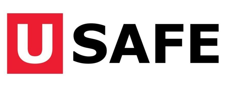 Logo USAFE con icona U rossa e scritta SAFE nera.