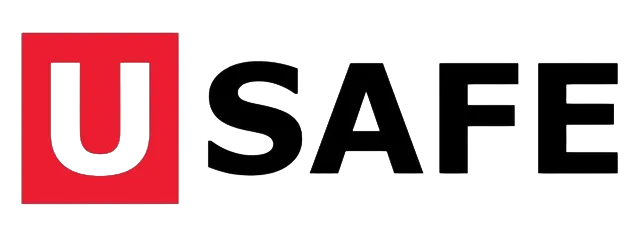 Logo USAFE con un quadrato rosso e una U bianca accanto alla scritta nera “SAFE”.