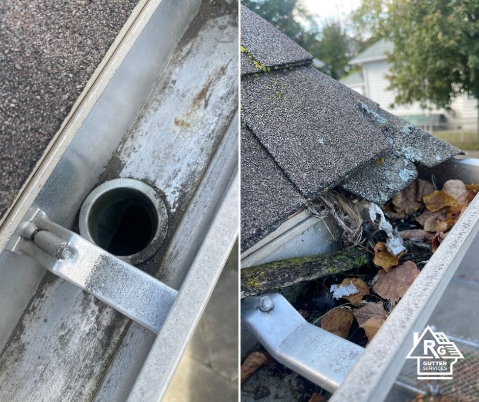 A picture of a gutter before and after being cleaned.