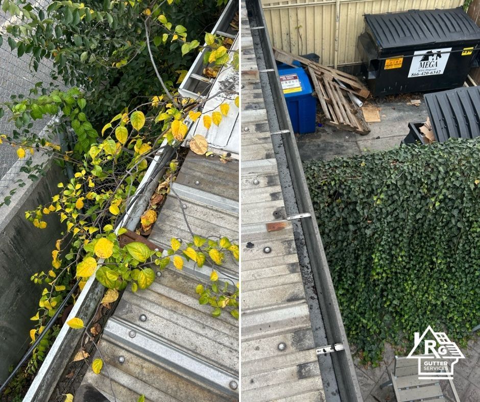 A before and after picture of a gutter with leaves on it.