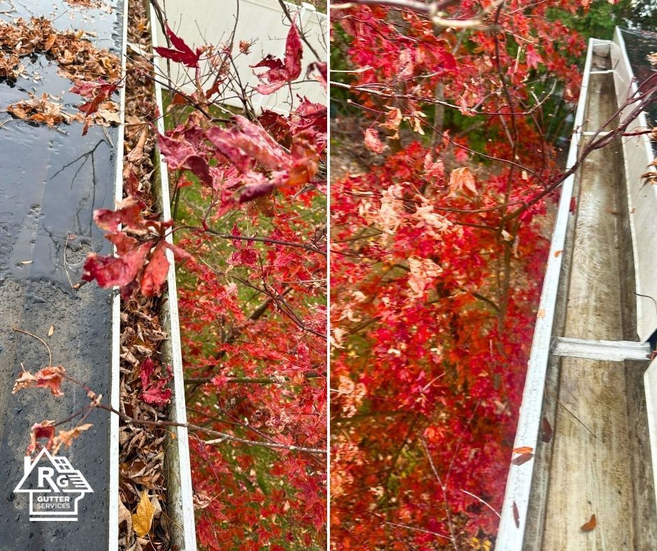 A before and after picture of a gutter filled with leaves.