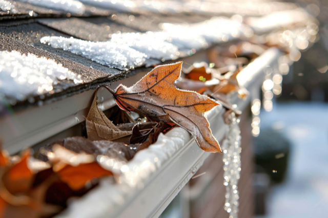 a gutter with ice and dead leaves