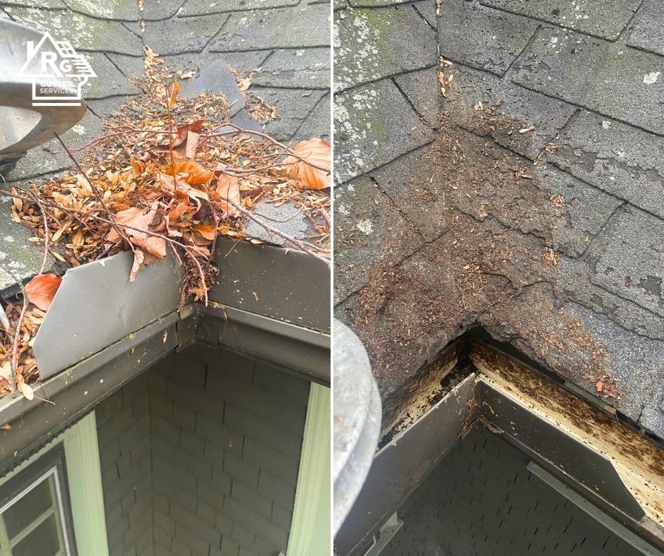 A before and after picture of a gutter with leaves on it