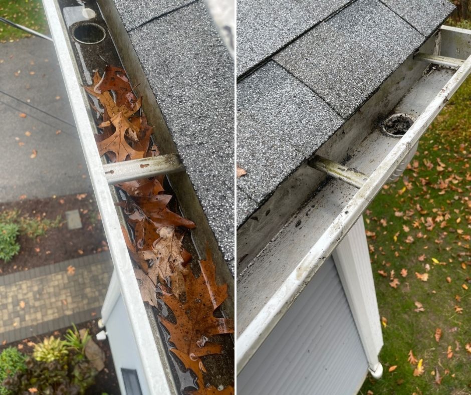 A before and after picture of a gutter with leaves on it.