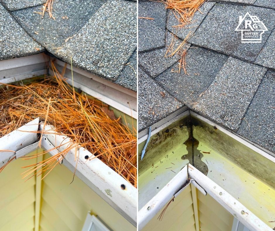 A before and after picture of a gutter with pine needles in it.