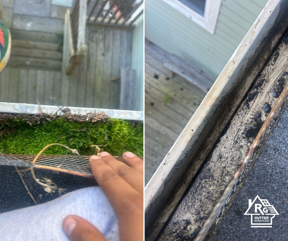 A person is cleaning a window sill with a mesh screen