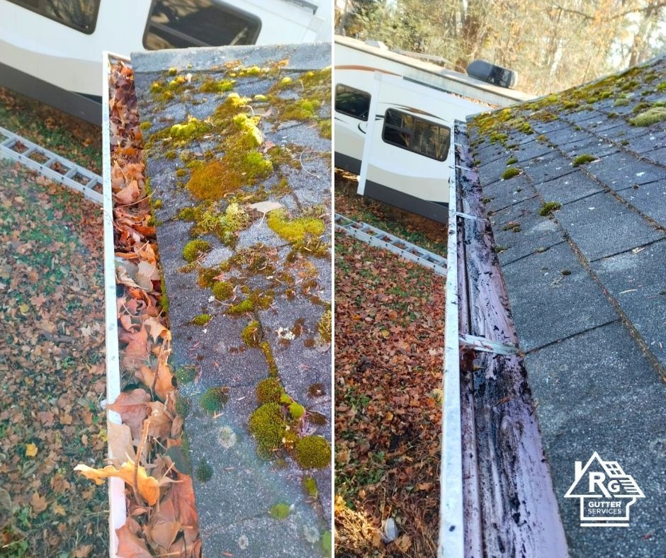 A before and after photo of a gutter with moss and leaves on it.