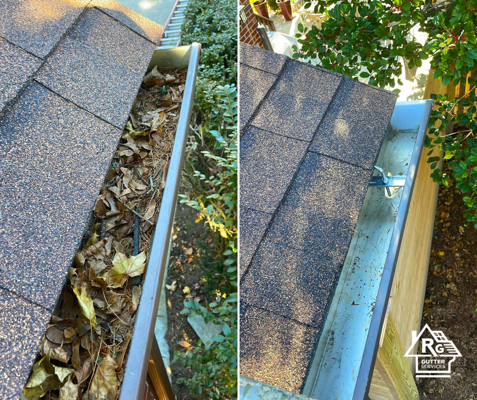 A before and after picture of a gutter filled with leaves