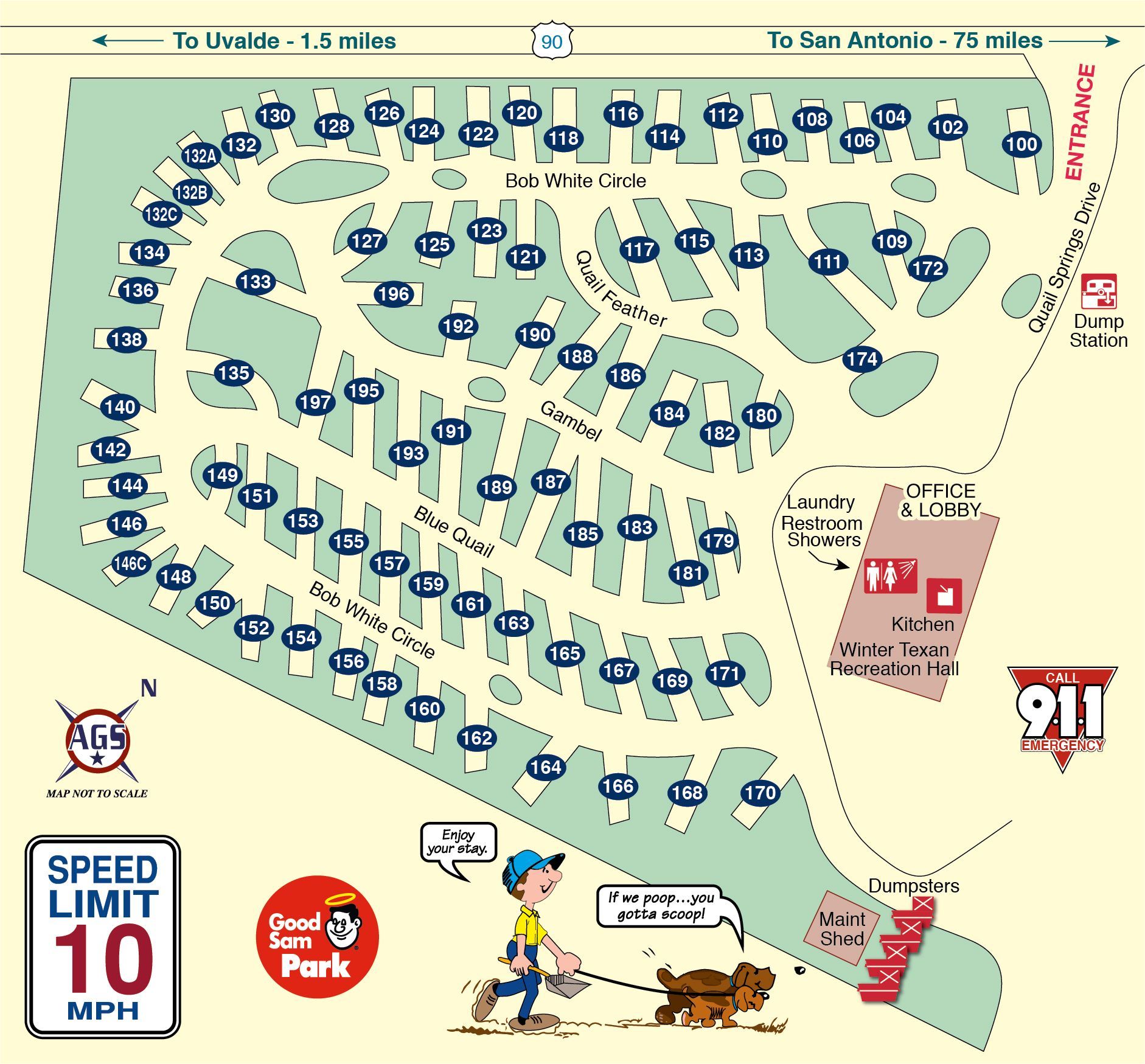 A map of a campground with a speed limit of 10 mph