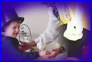 Child in a purple top hat smiles while shaking hands with a person in a white shirt indoors.