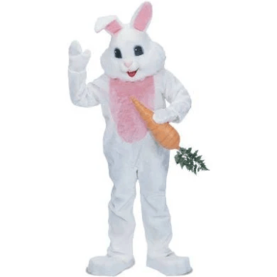 Person in a white rabbit costume holding a carrot, with pink ears, belly, and smile.