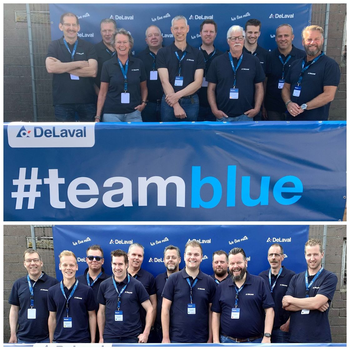 Een groep medewerkers in donkerblauwe shirts poseert voor een blauwe #teamblue DeLaval-achtergrond.