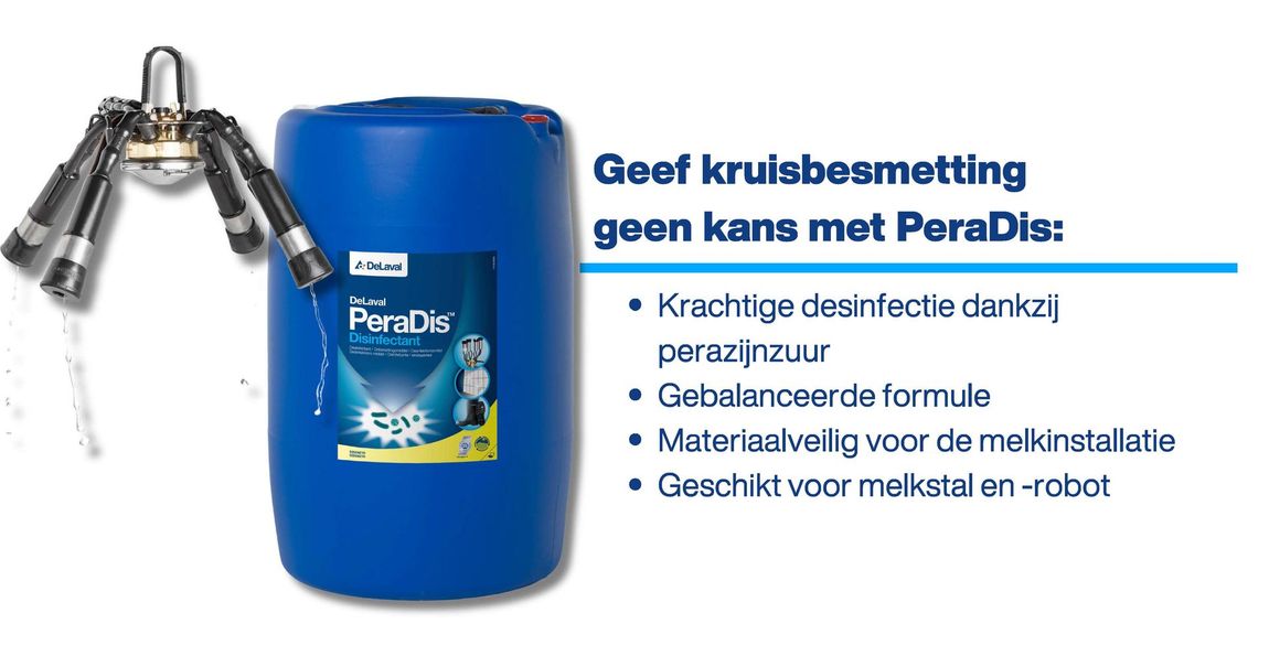 Gevlochten metalen slang naast blauw PeraDIs-vat; tekst over kalk- en corrosiebestendige rubberslang