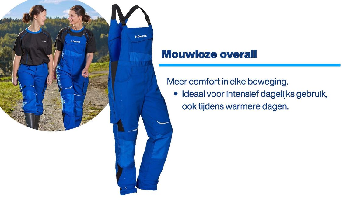 Blauwe werkoverall, afgebeeld met een detailfoto van een model dat de overall draagt, met het opschrift 
