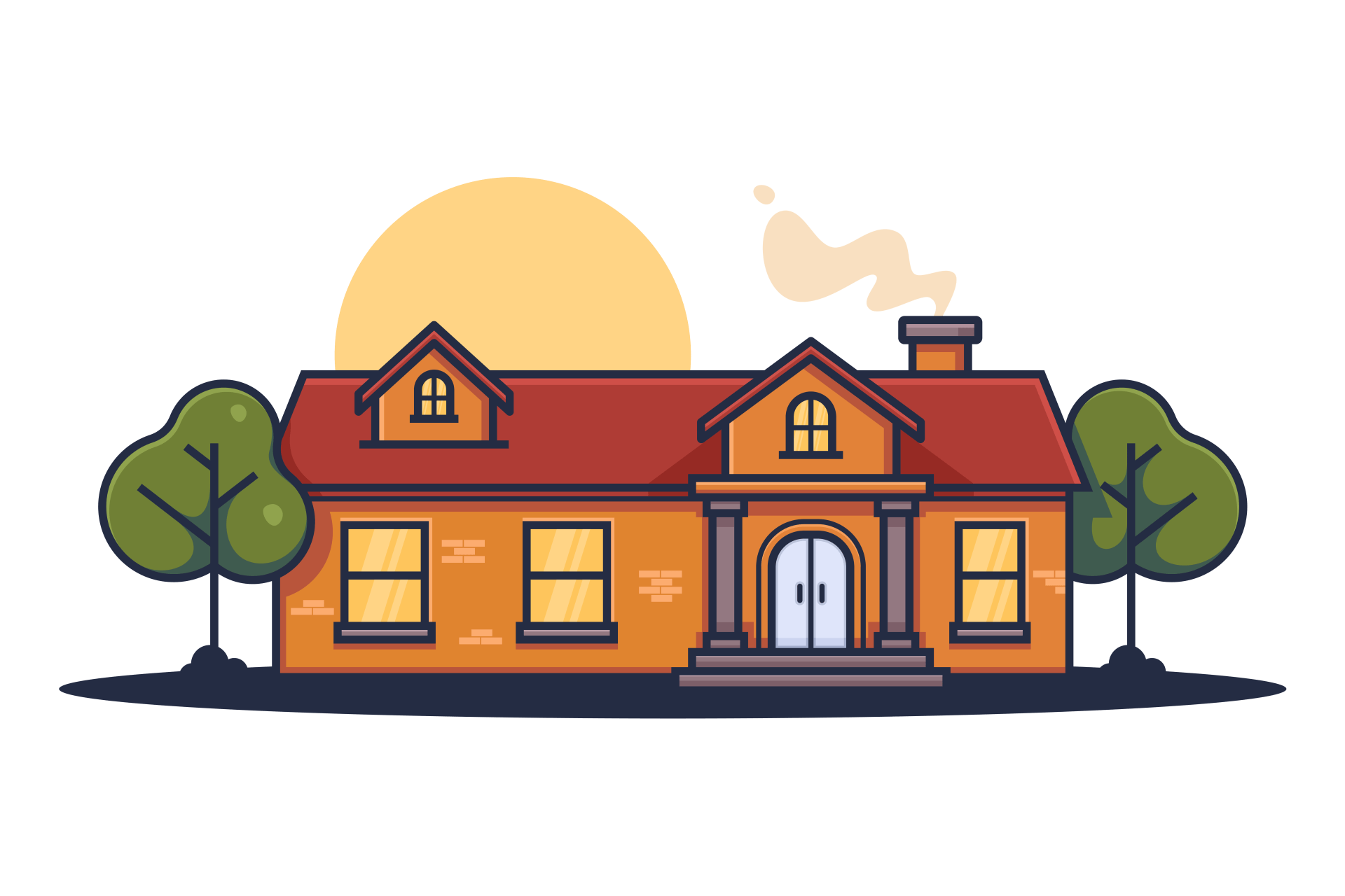 A cartoon illustration of a house with trees and a sun in the background.