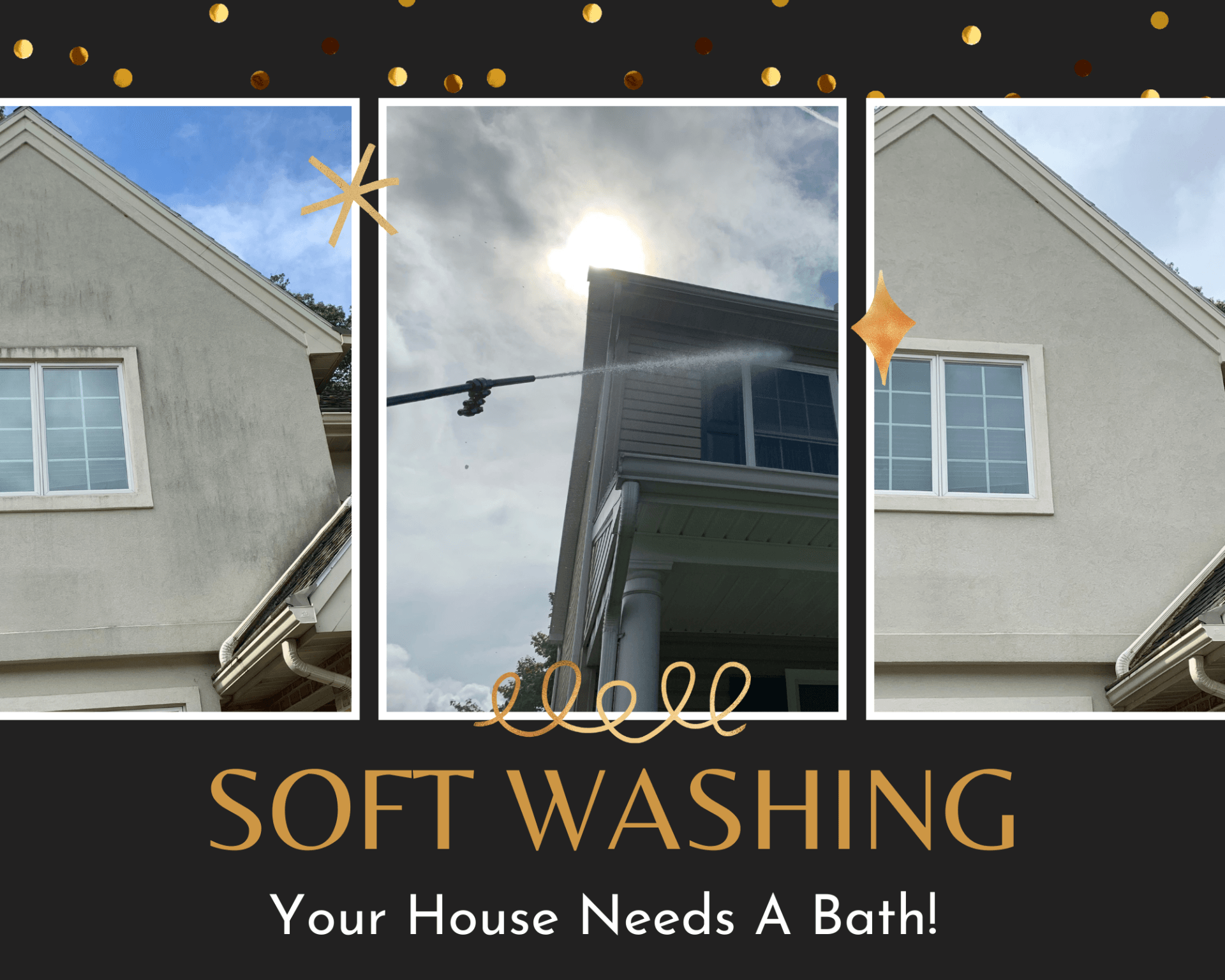 Pressure washing concrete A before and after picture of a house with the words soft washing your house needs a bath.